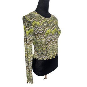 Ultra Flirt Y2k Dopamine Style Retro Mesh Long Sleeve Crop Top, Funky Print Size